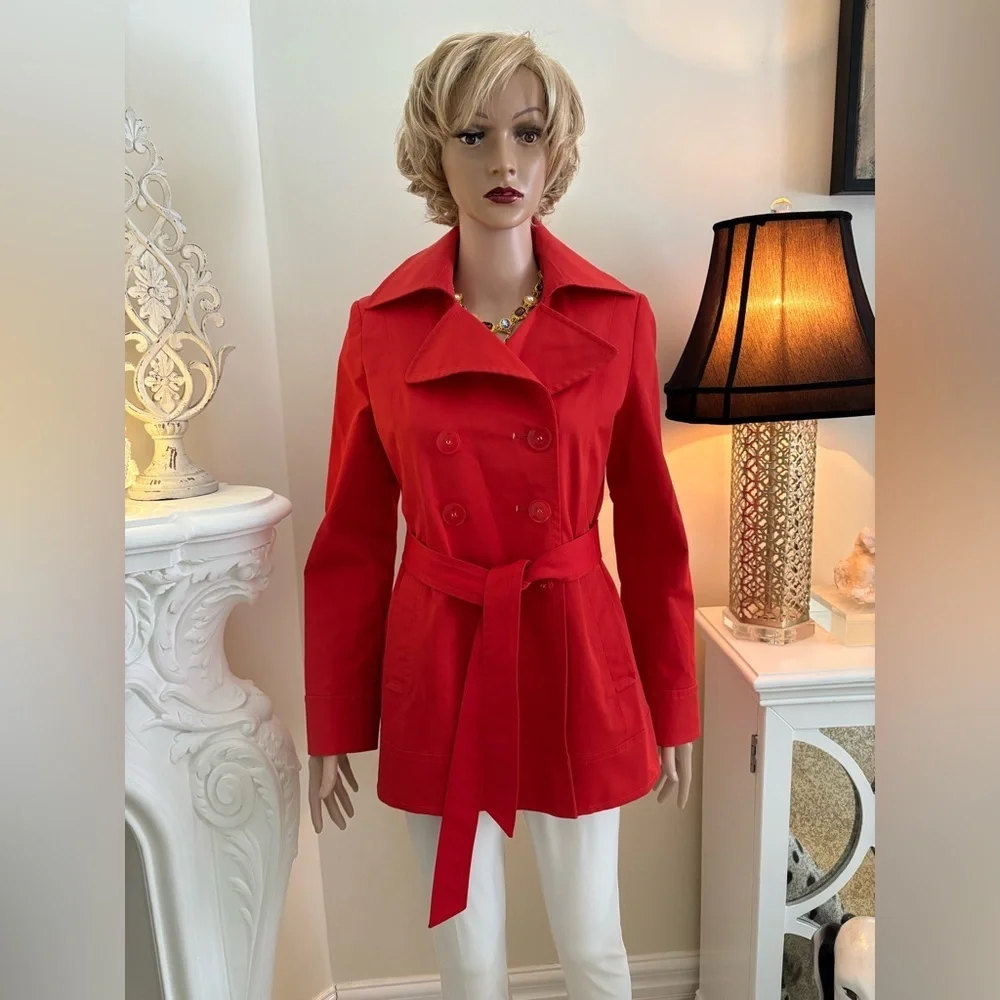 DKNY Red Funnel Neck Belted Trench Coat Pea Coat - Picture 2 of 16